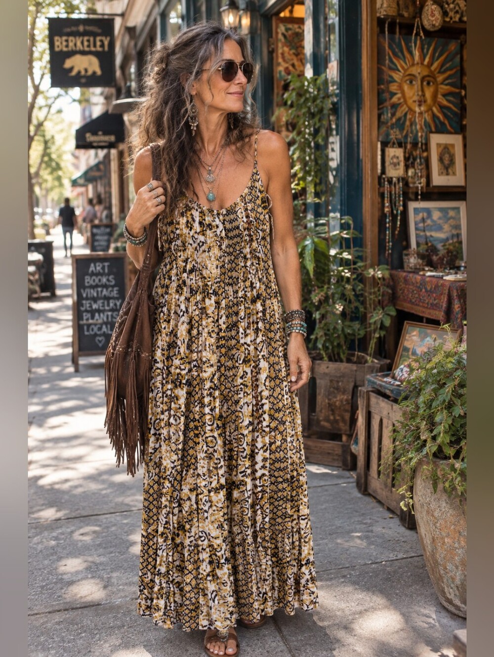 Boho Floral Tiered Maxi Dress in Mustard and Cream